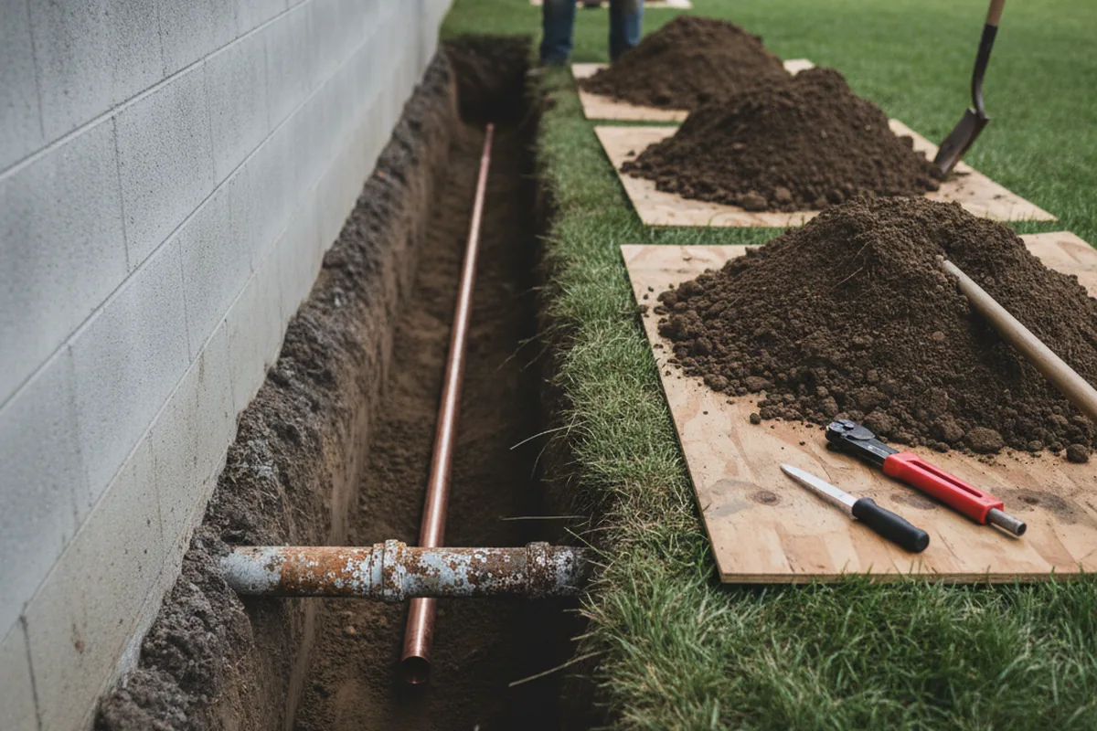 Excavated water line trench during Water Heater Repair in Hancock